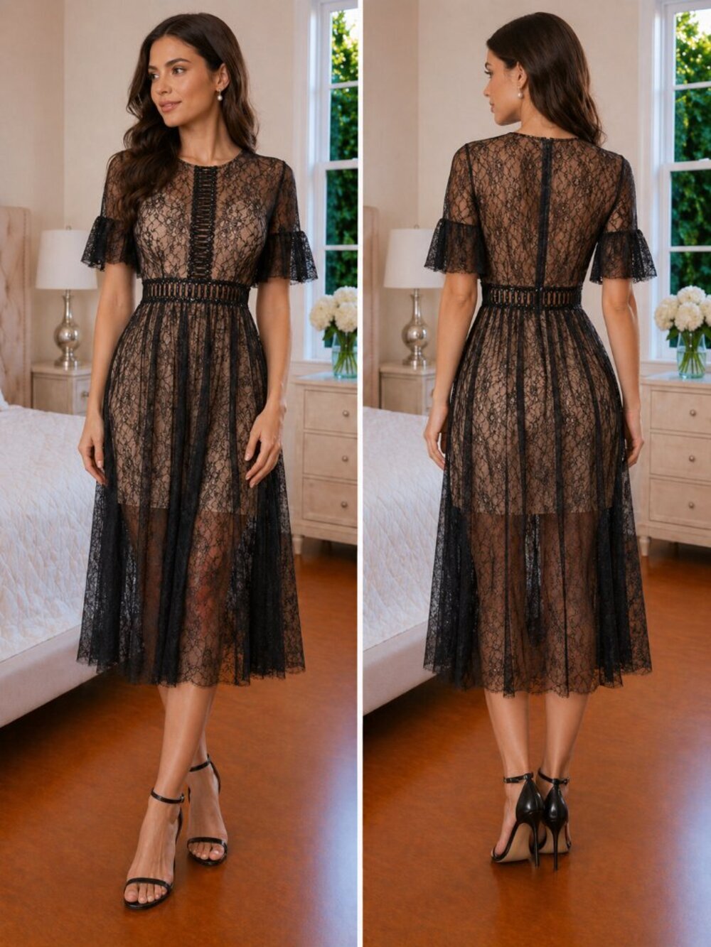 NWT Jovani Black Floral Lace Midi Formal Dress $550